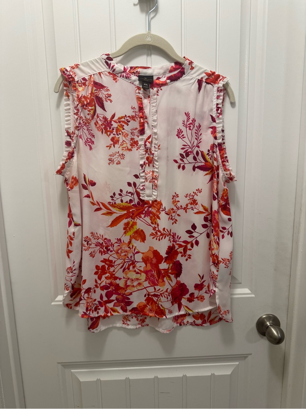 Worthington Sleeveless Floral Blouse Red Orange Split Ruffle Neck Chiffon PXL
